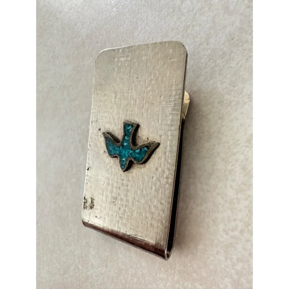 Stainless steel sterling silver turquoise chip inlay Peyote bird money clip